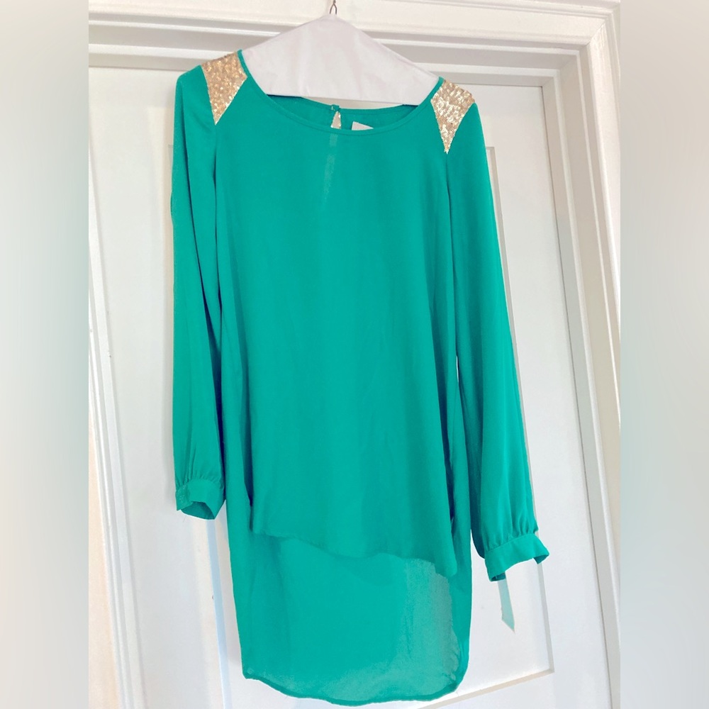 Long sleeve green GB blouse with gold sequin detail